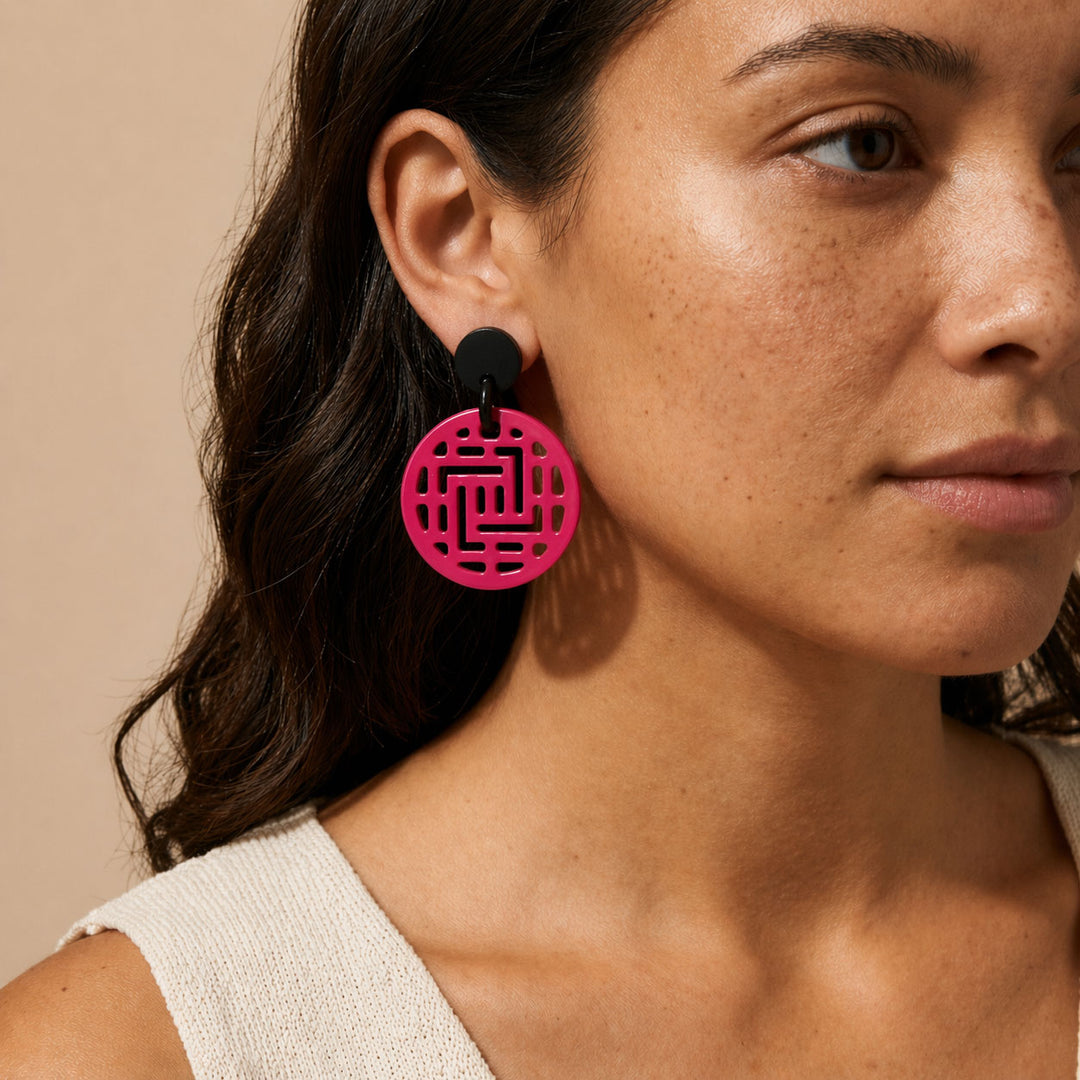Branch Jewellery Fuchsia Pink and Black geometric shape cut-out round statement earrings