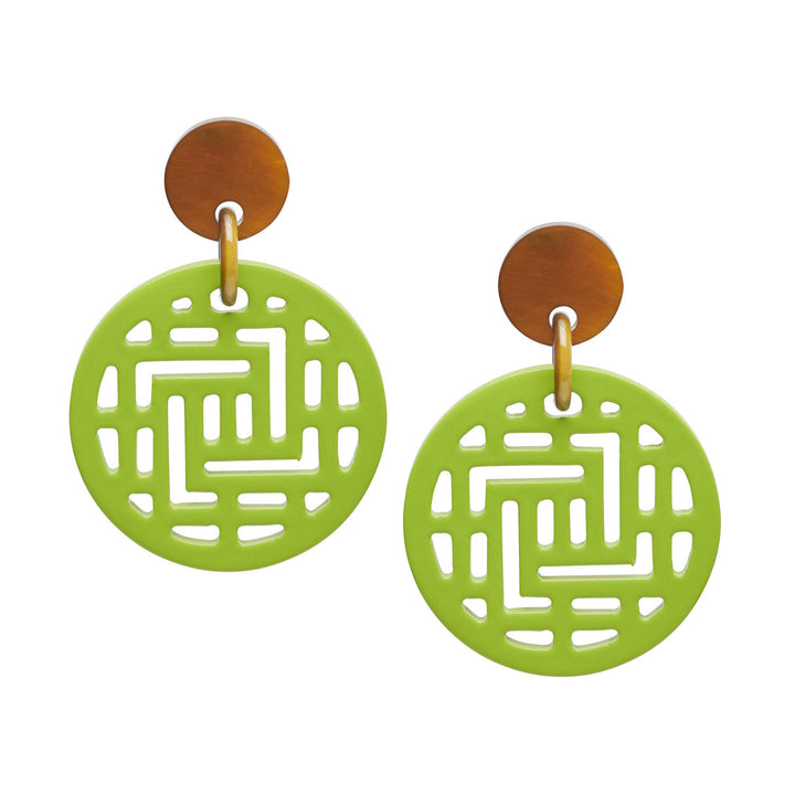 Moko Lime Green Round Geometric patterned Horn Earrings