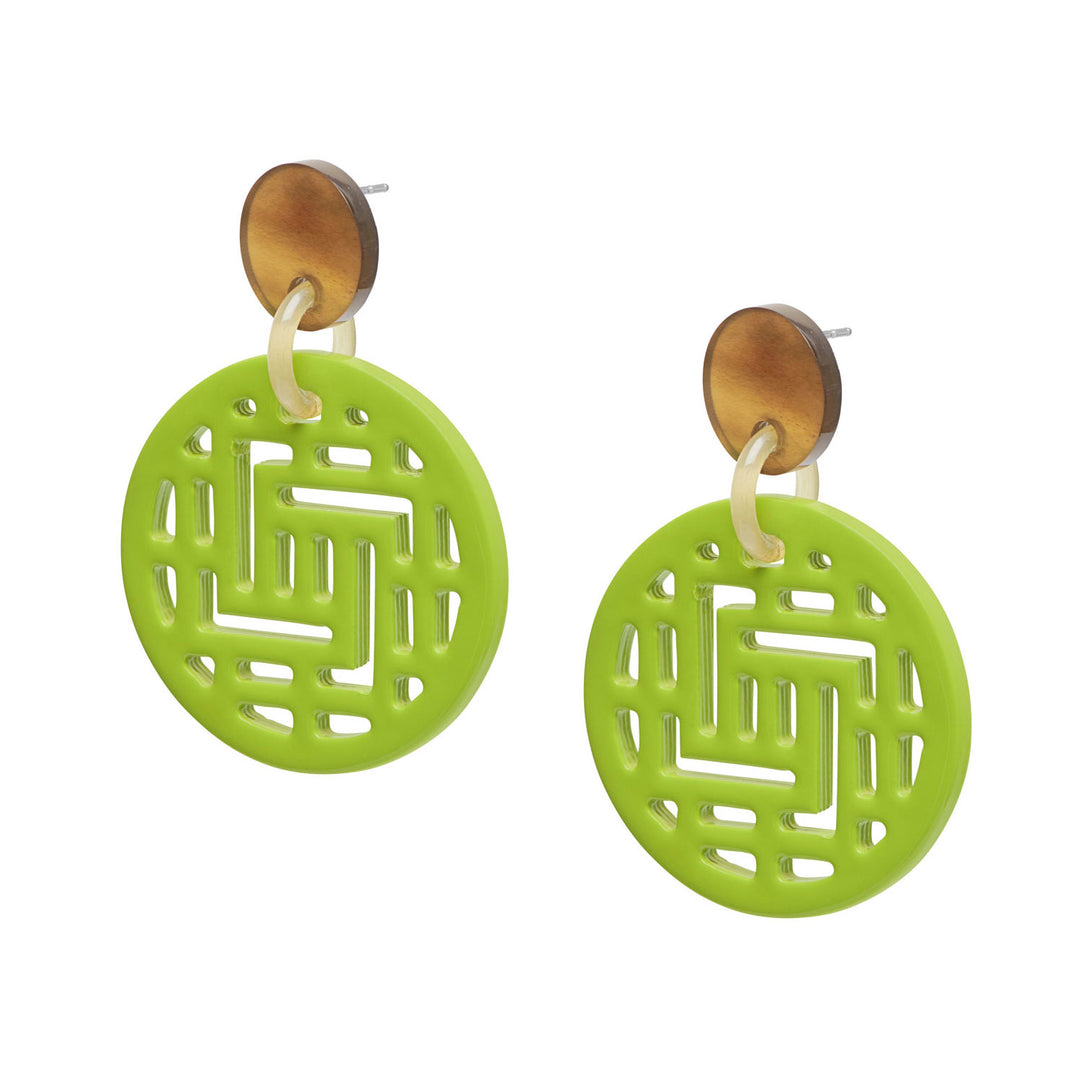 Moko Lime Green Round Geometric patterned Horn Earrings