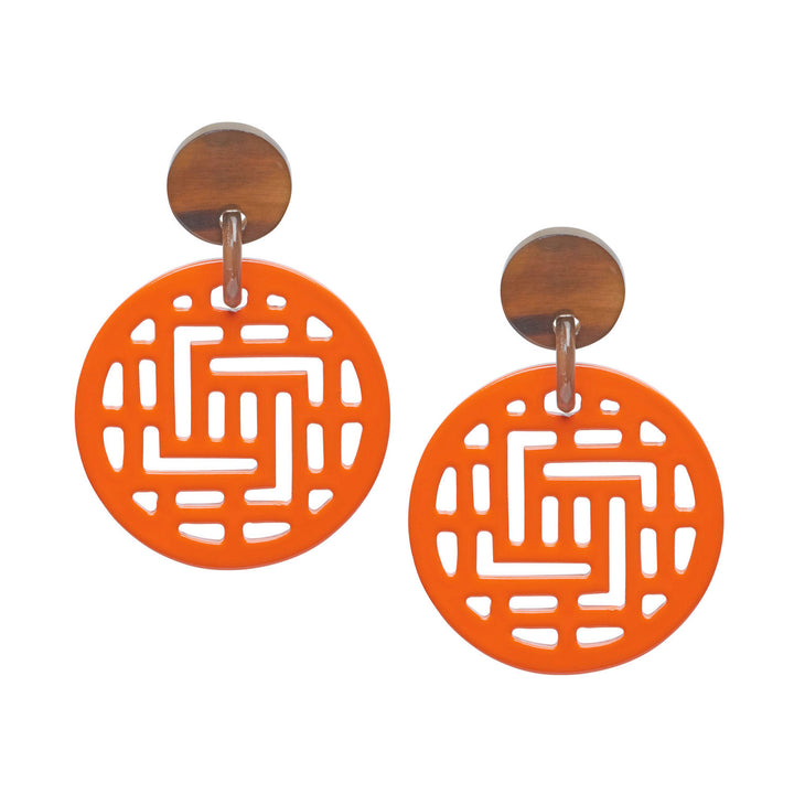 Moko Orange Round Geometric patterned Horn Earrings