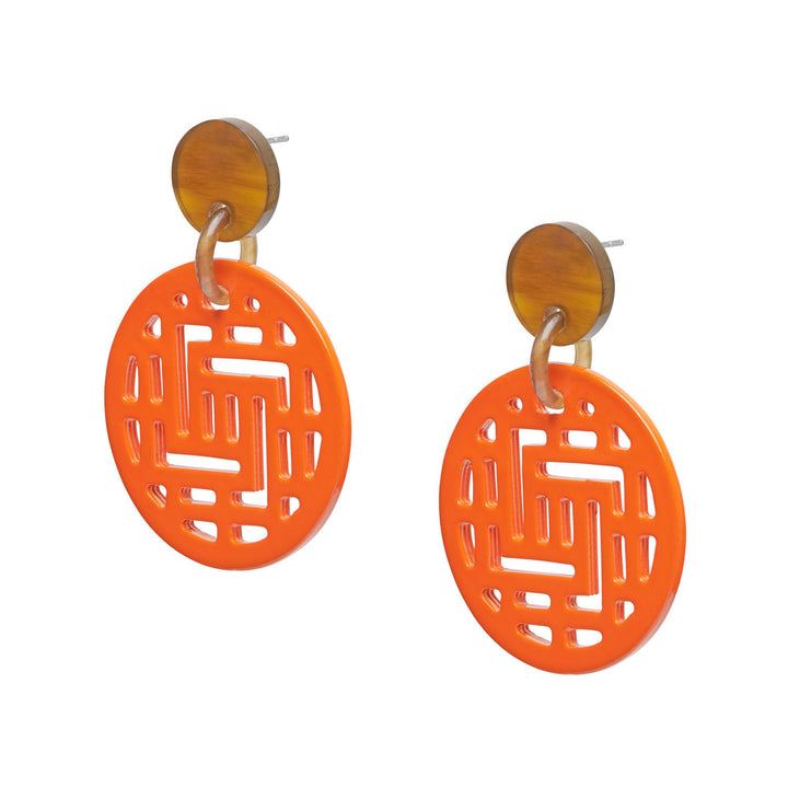 Moko Orange Round Geometric patterned Horn Earrings