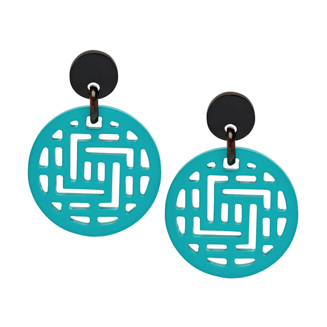 Branch Jewellery Turquoise Blue and Black geometric shape cut-out round statement earrings