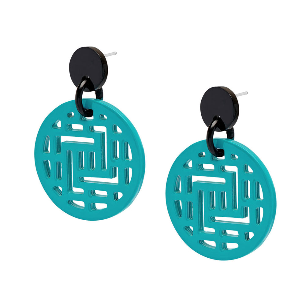 Branch Jewellery Turquoise Blue and Black geometric shape cut-out round statement earrings