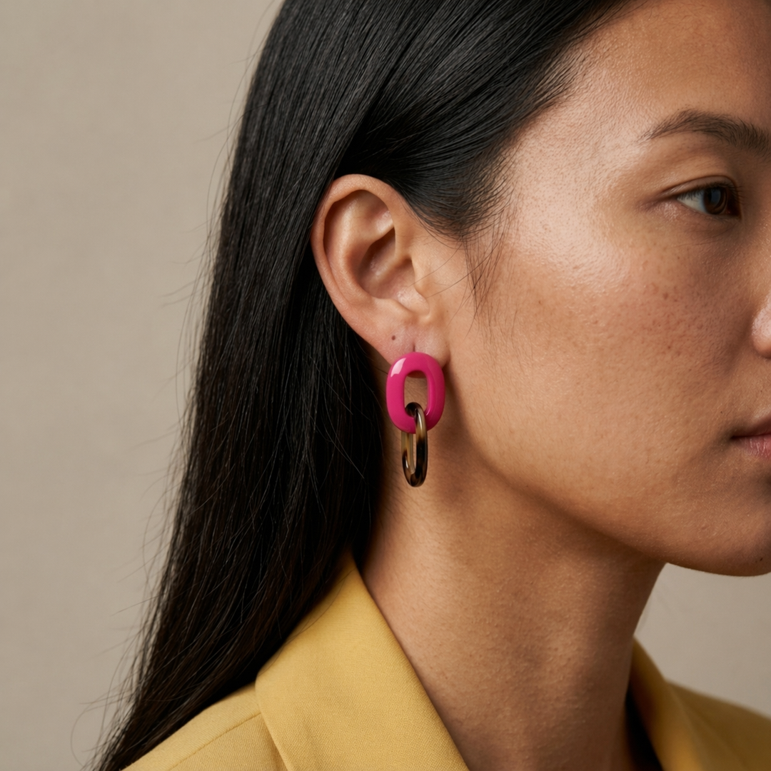 Fuchsia Pink and natural horn double link earrings