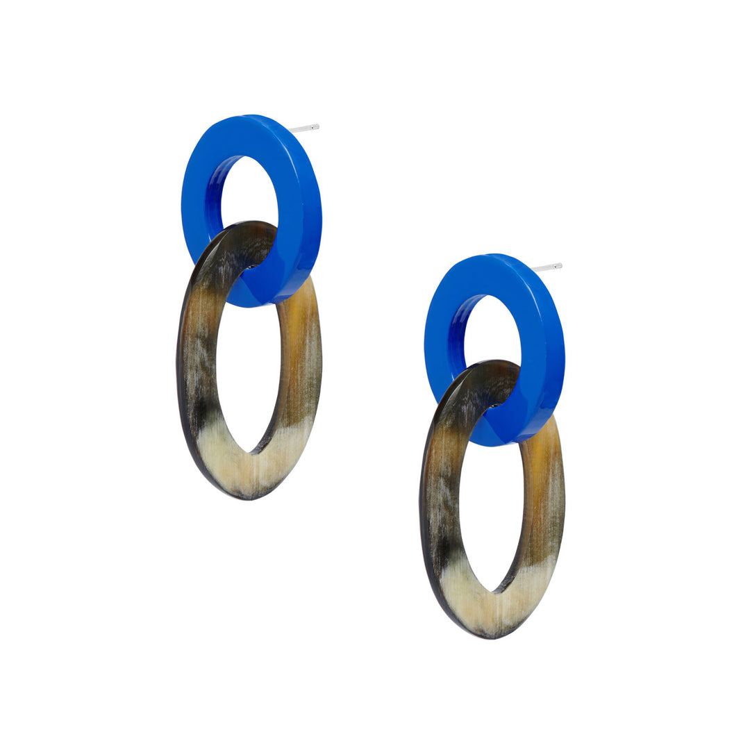 Bright blue and black natural oval link horn earring