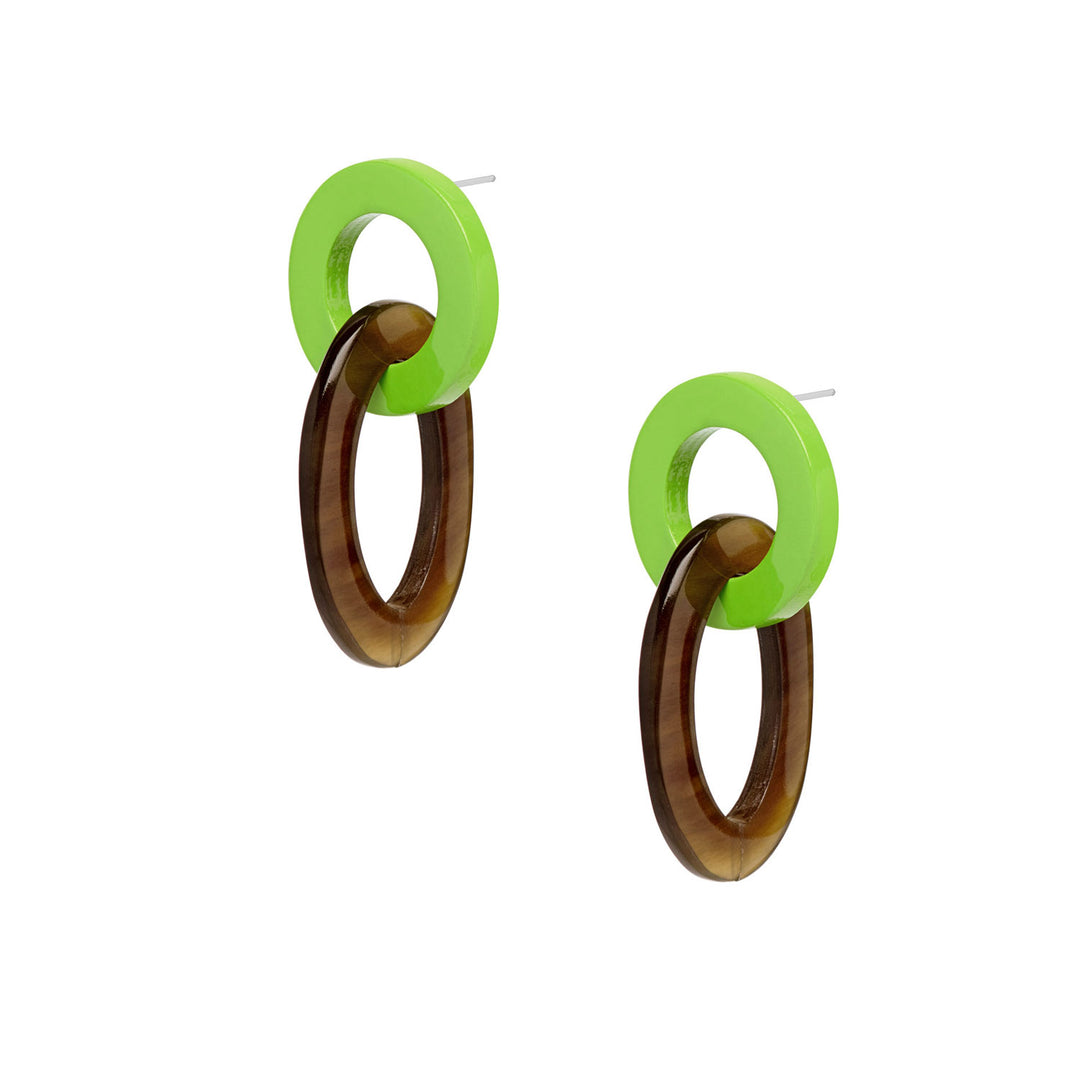 Lime Green and brown natural oval link horn earring