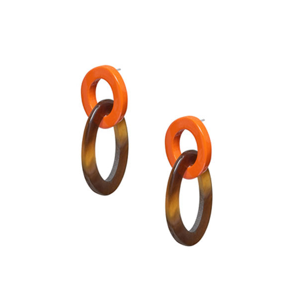 Branch Jewellery - Orange and brown natural small oval buffalo horn link earring