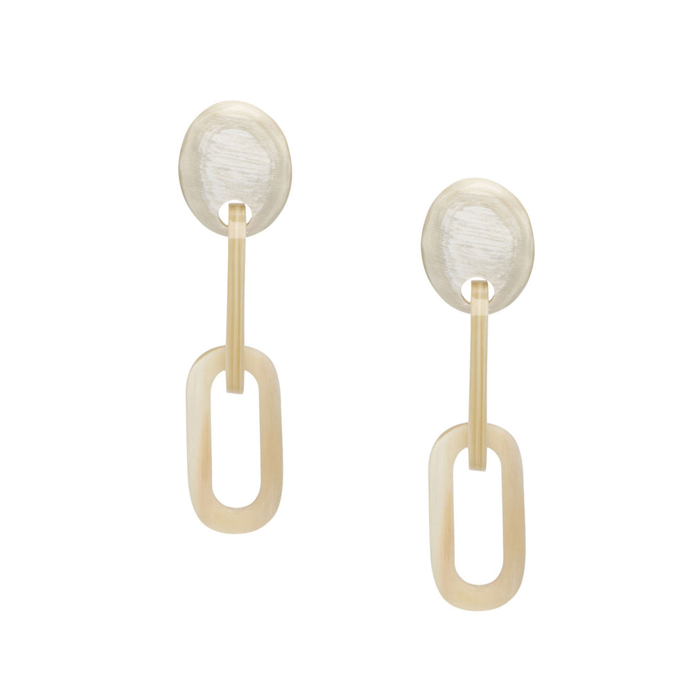 The Natural Horn Chain Drop Earrings – White Natural by Branch Jewellery are beige earrings featuring a round top linked to an elongated oval shape. Handcrafted using sustainably sourced horn, they boast a simple, modern geometric style that exudes elegance and uniqueness.