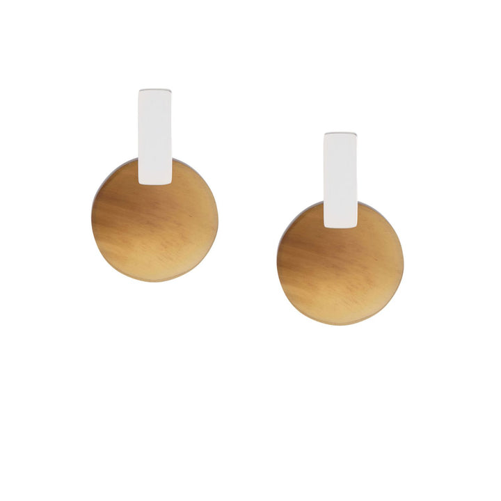Brown Horn & Silver Plated Round Disc Earrings