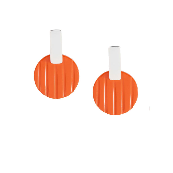 Orange lacquered horn disc drop earring - Silver