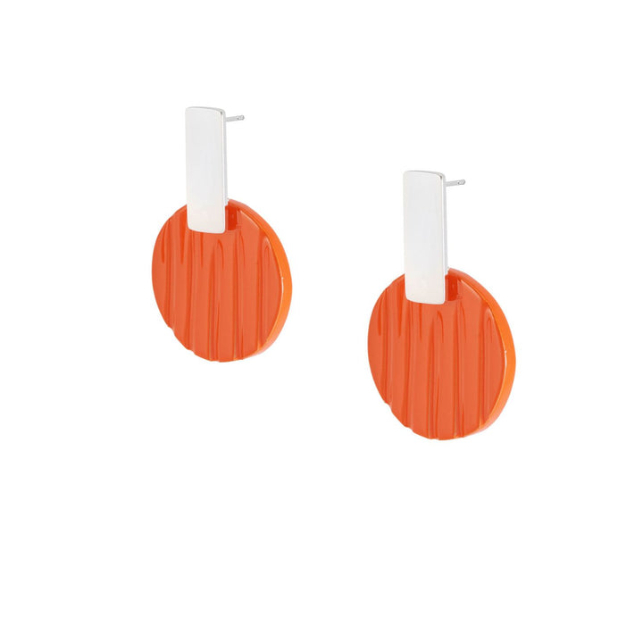 Orange lacquered horn disc drop earring - Silver