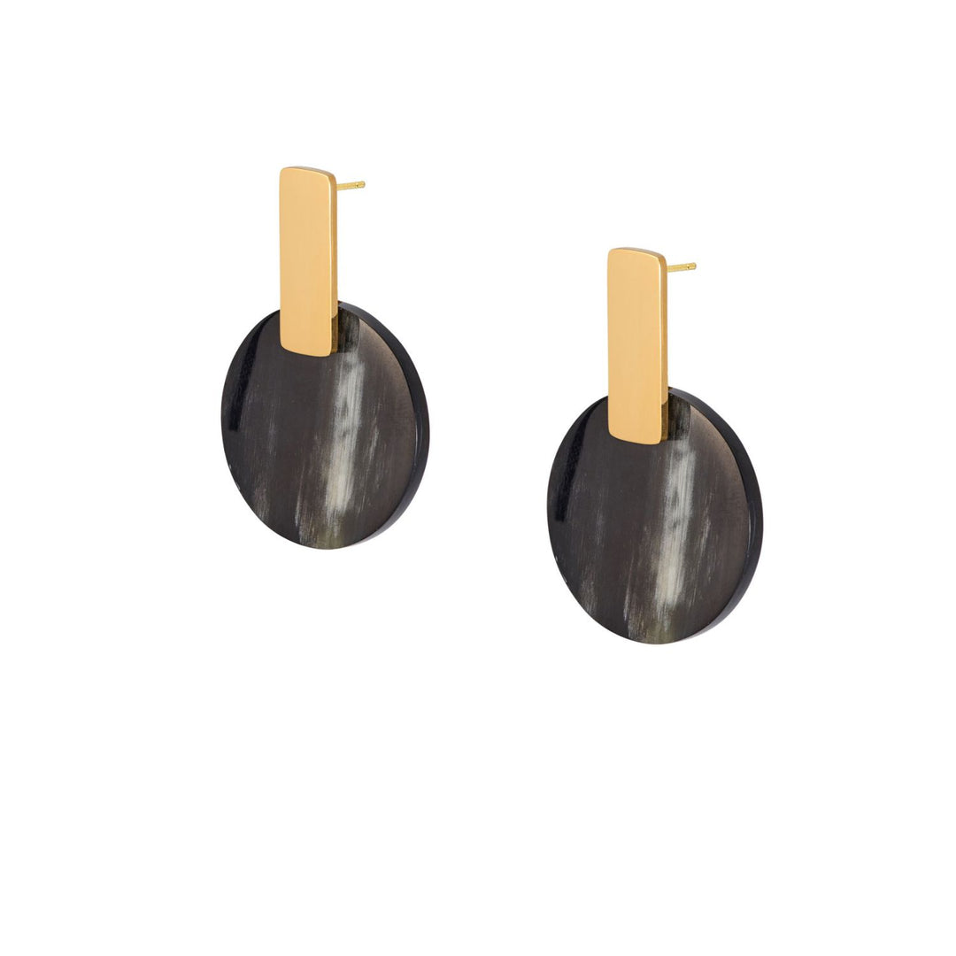 Black Horn & Gold Plated Round Disc Earrings