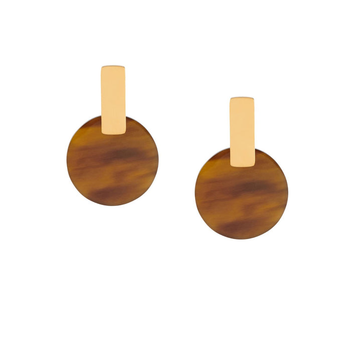 Brown Horn & Gold Plated Round Disc Earrings