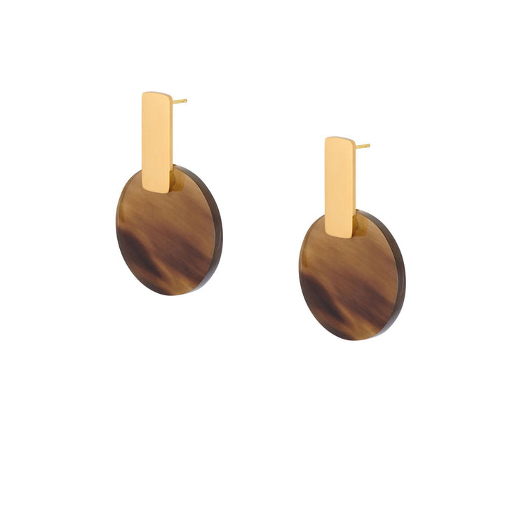 Brown Horn & Gold Plated Round Disc Earrings