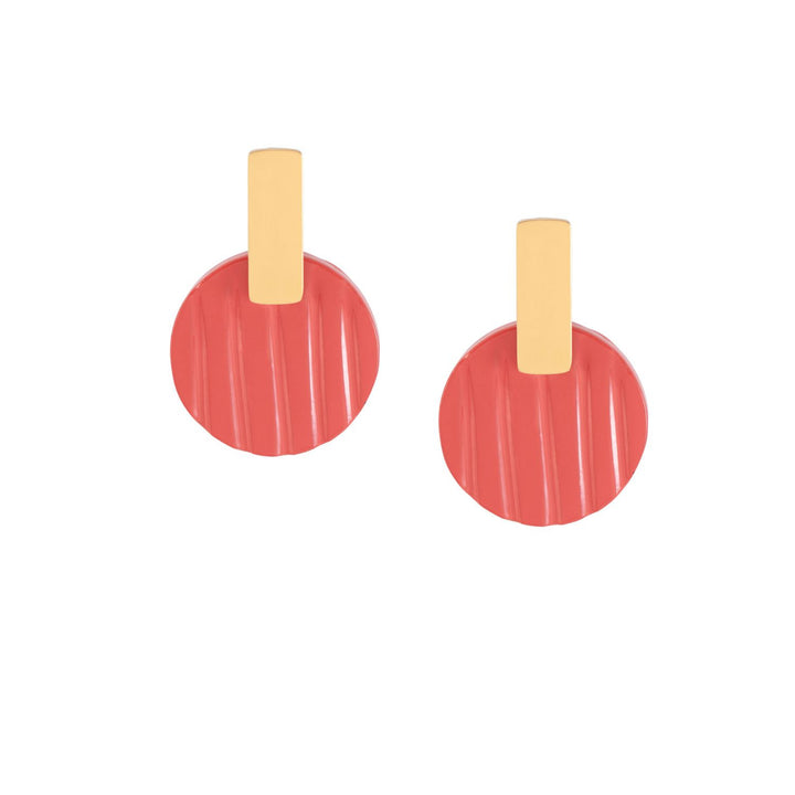 Coral lacquered horn disc drop earring - Gold