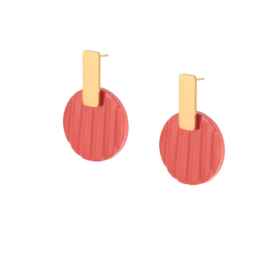 Coral lacquered horn disc drop earring - Gold