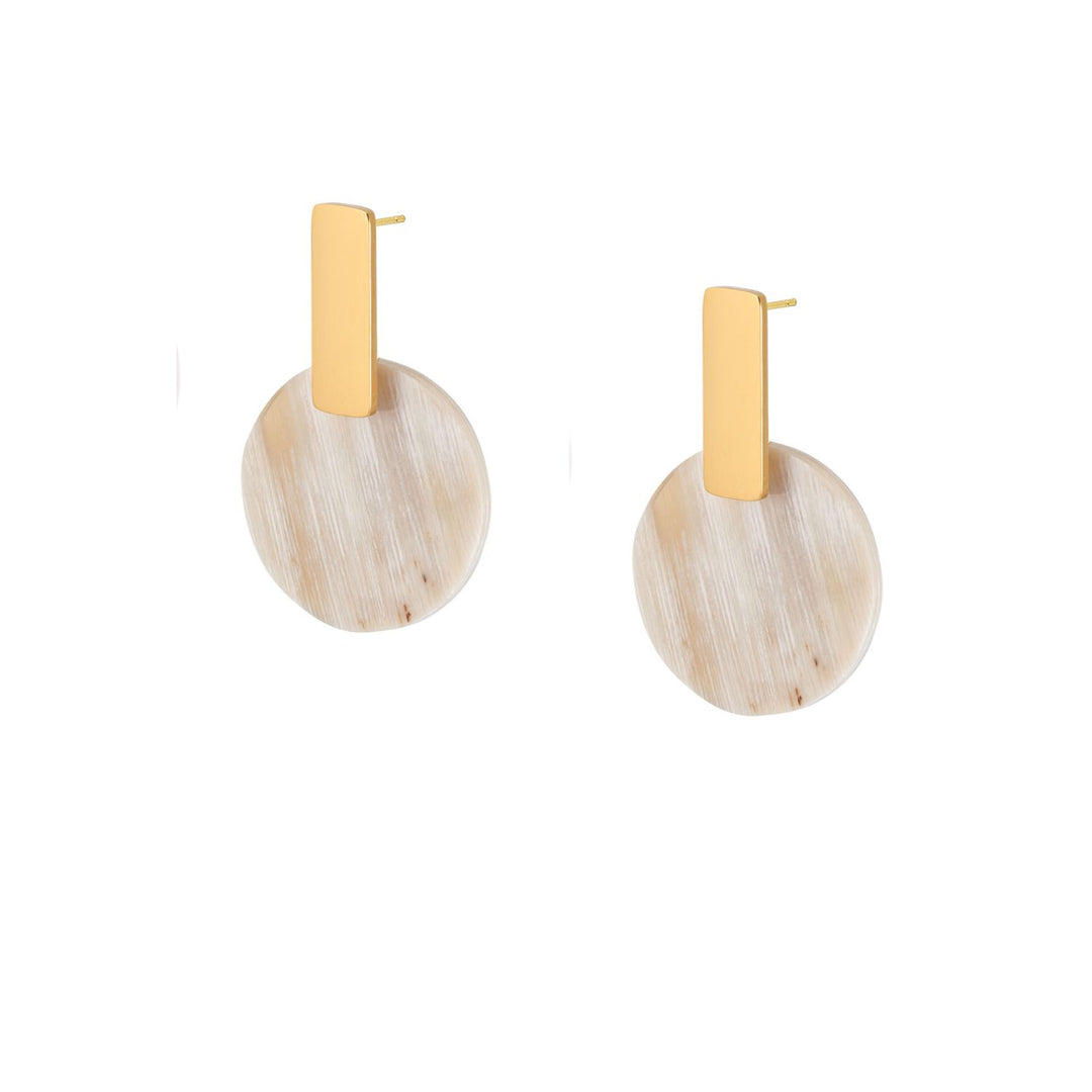 White Horn & Gold Plated Round Disc Earrings