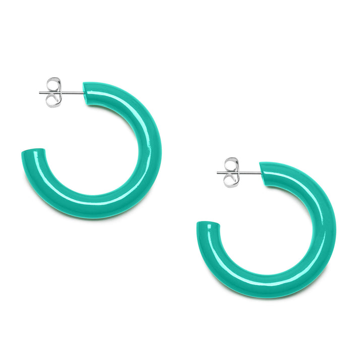 Rounded aquamarine Lacquered horn hoop earring