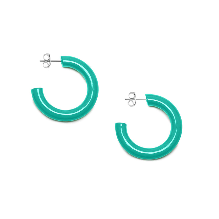 Rounded aquamarine Lacquered horn hoop earring