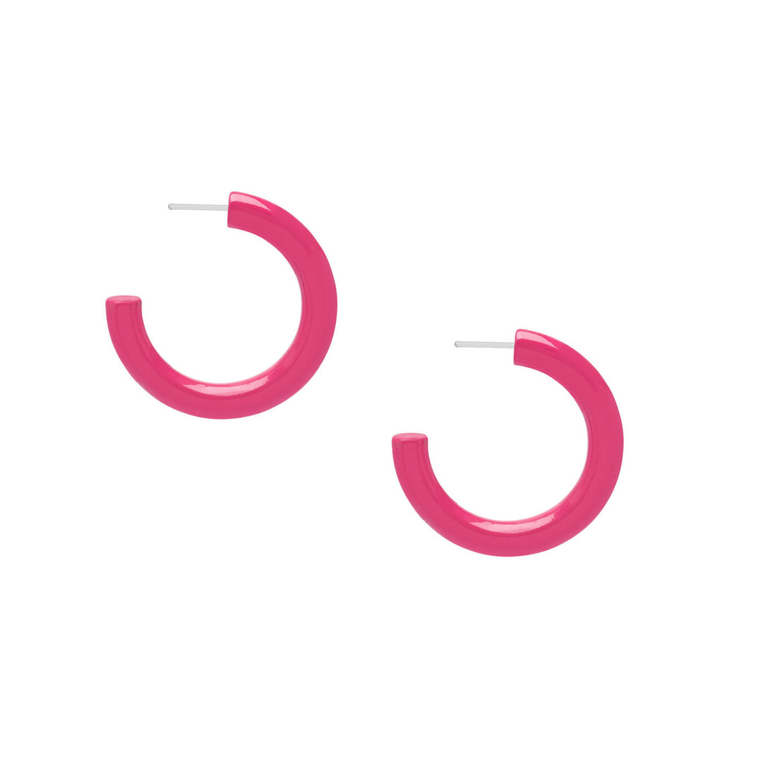 Pair of Branch Jewellerys Fair Trade Rounded Fuschia Pink Lacquered Horn Hoop Earrings with sleek silver posts displayed on a plain white background.