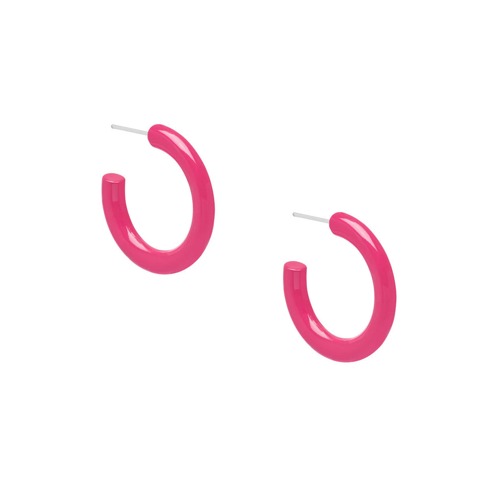 Branch Jewellery Rounded bright pink Lacquered horn hoop earrings, handcrafted with a glossy finish and featuring silver posts, are displayed against a white background.