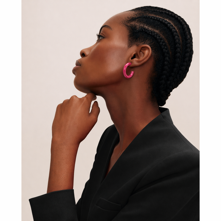 Rounded Fuchsia Pink Lacquered horn hoop earring