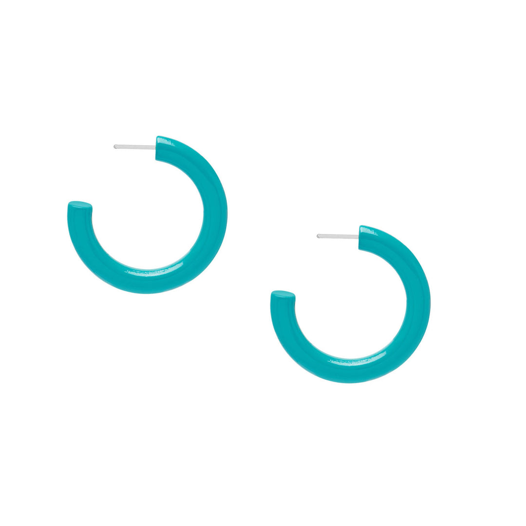 Branch Jewellery Rounded turquoise blue Lacquered horn hoop earrings, handcrafted with a glossy finish and featuring silver posts, are displayed against a white background.