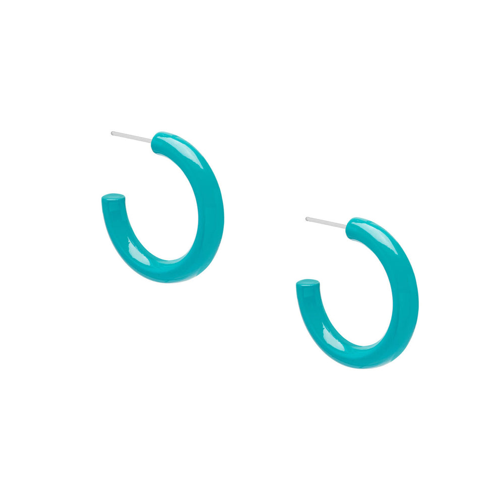 Branch Jewellery Rounded turquoise blue Lacquered horn hoop earrings, handcrafted with a glossy finish and featuring silver posts, are displayed against a white background.