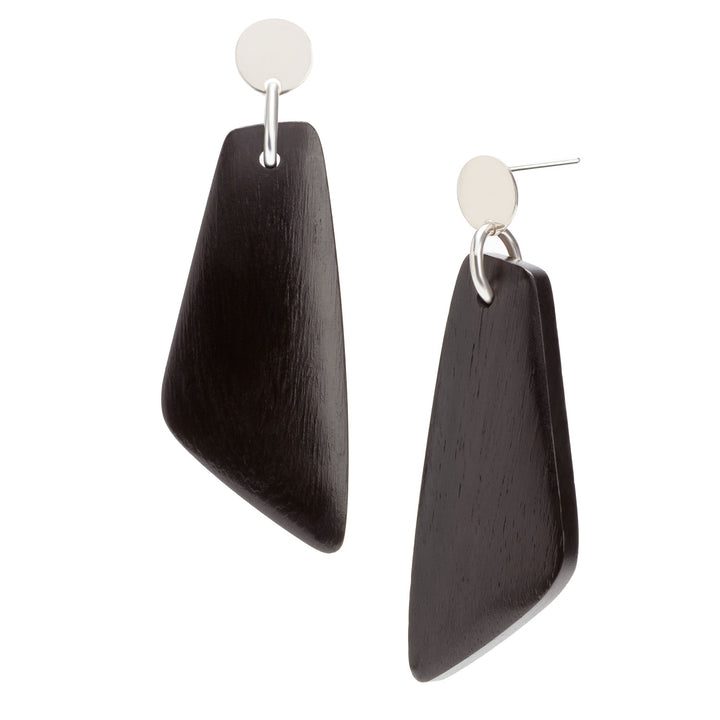 Black wood and silver Trapezium shaped drop earrings