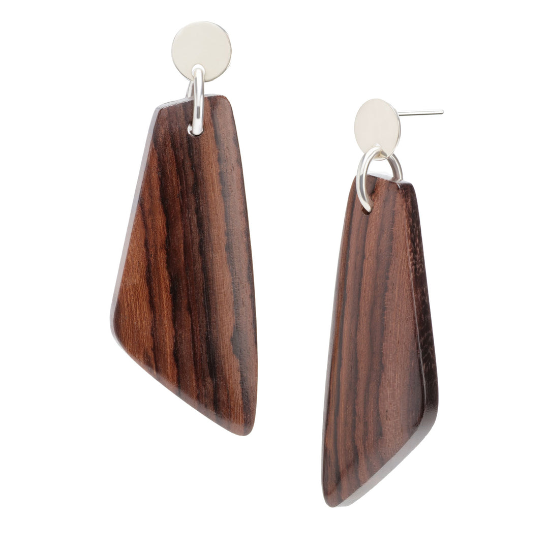 Brown wood and silver Trapezium shaped drop earrings