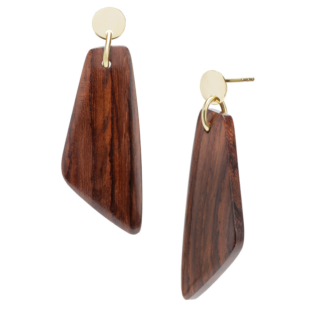 Brown wood and gold plate Trapezium shaped drop earrings