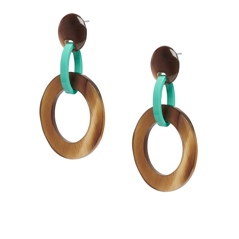 Branch Jewellery - brown natural and aquamarine lacquered round link earrings