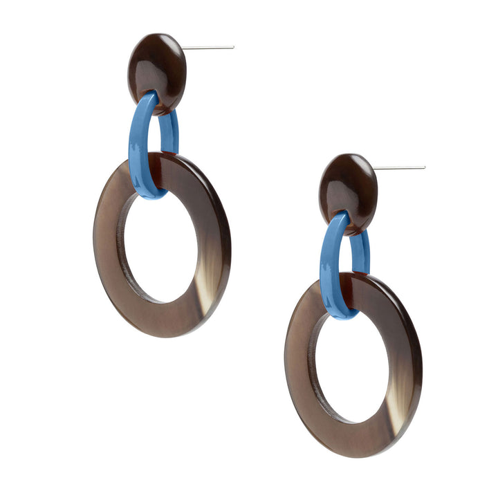 Branch Jewellery - Brown natural and blue lacquered round link earrings