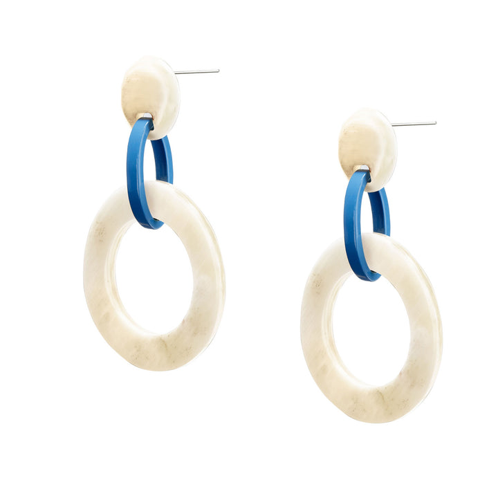 Branch Jewellery - white natural and blue lacquered round link earrings