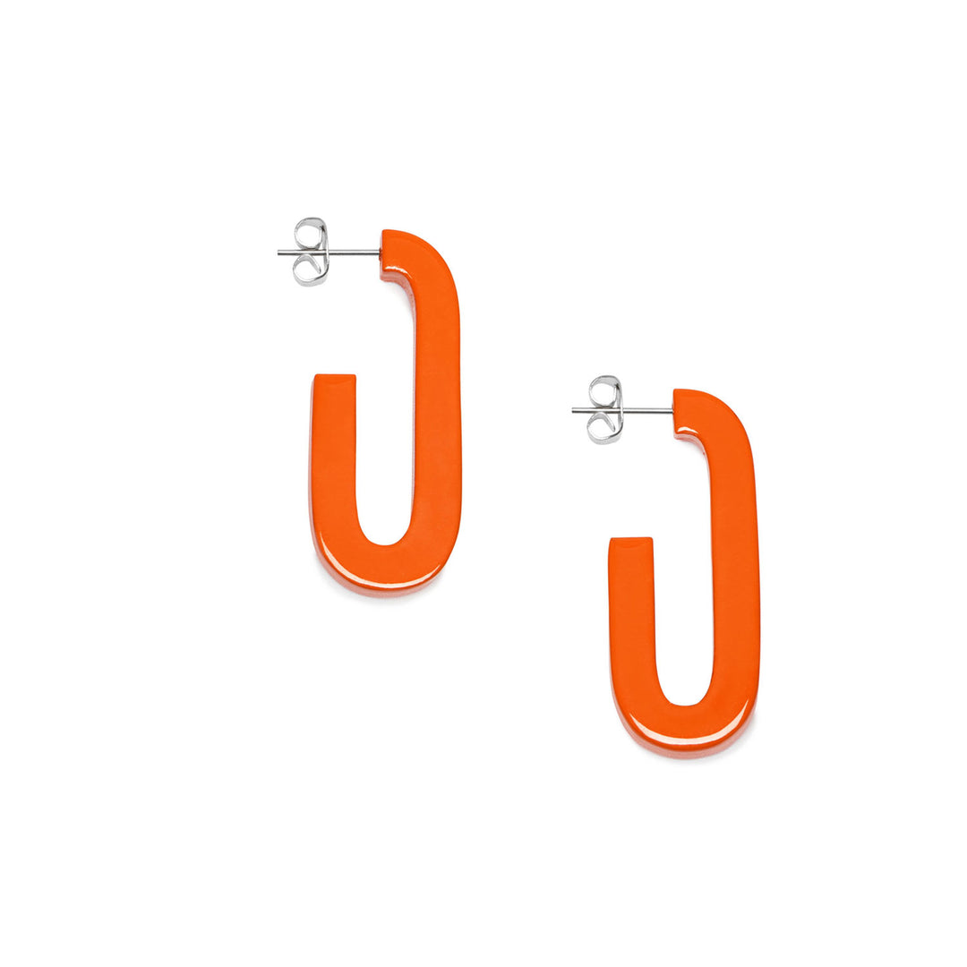 Branch Jewellery - Orange lacquered horn oblong hoop earrings.