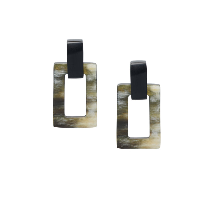 Black natural small rectangle link horn earrings