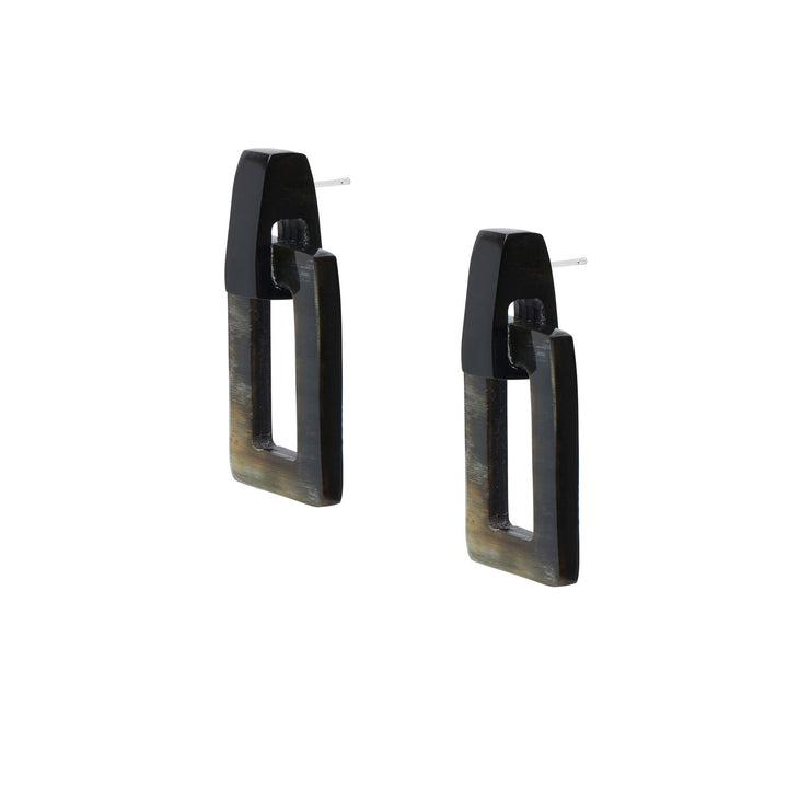 Black natural small rectangle link horn earrings