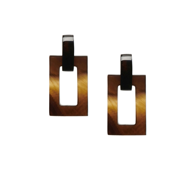 Brown natural small rectangle link horn earrings