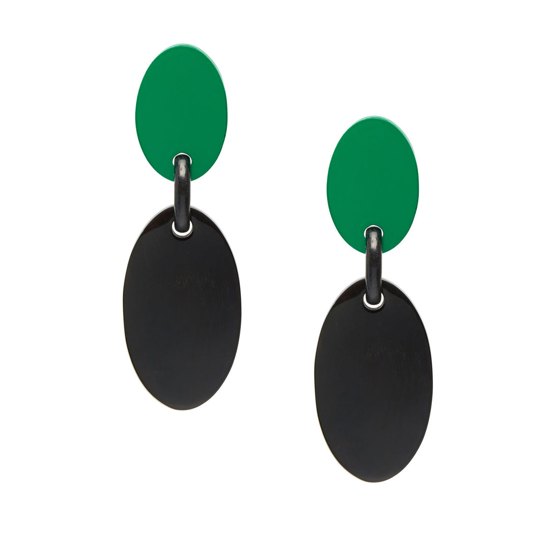 Branch Jewellery - Black and emerald green lacquered oval drop earrings