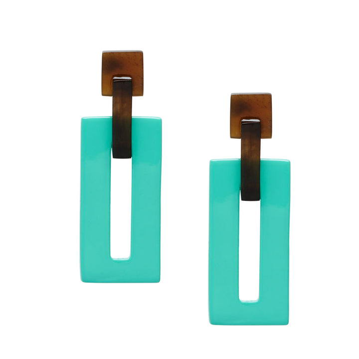 Aquamarine rectangle link horn earrings