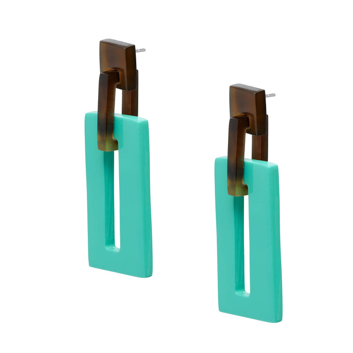 Aquamarine rectangle link horn earrings