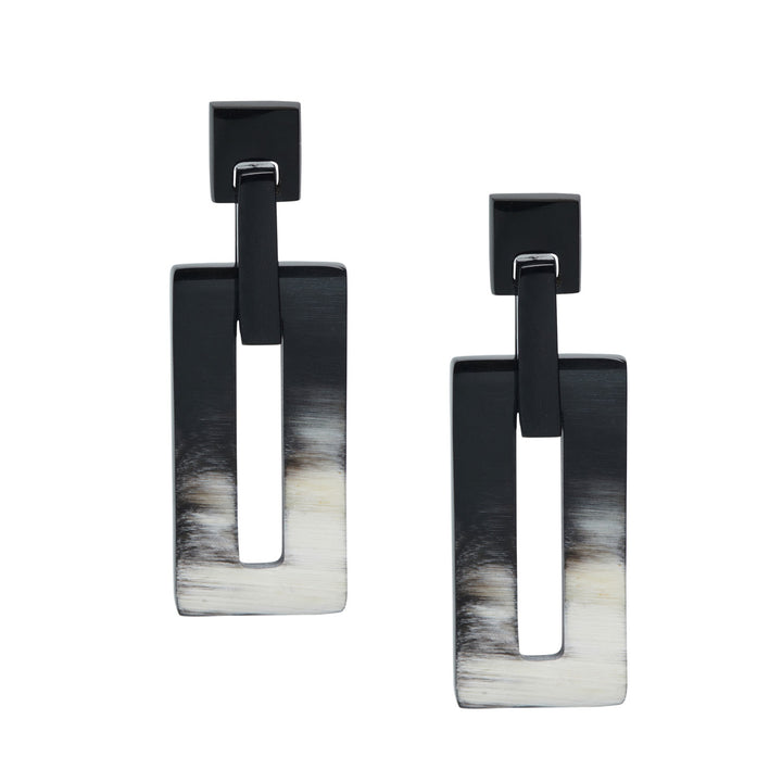 Black natural rectangle link horn earrings