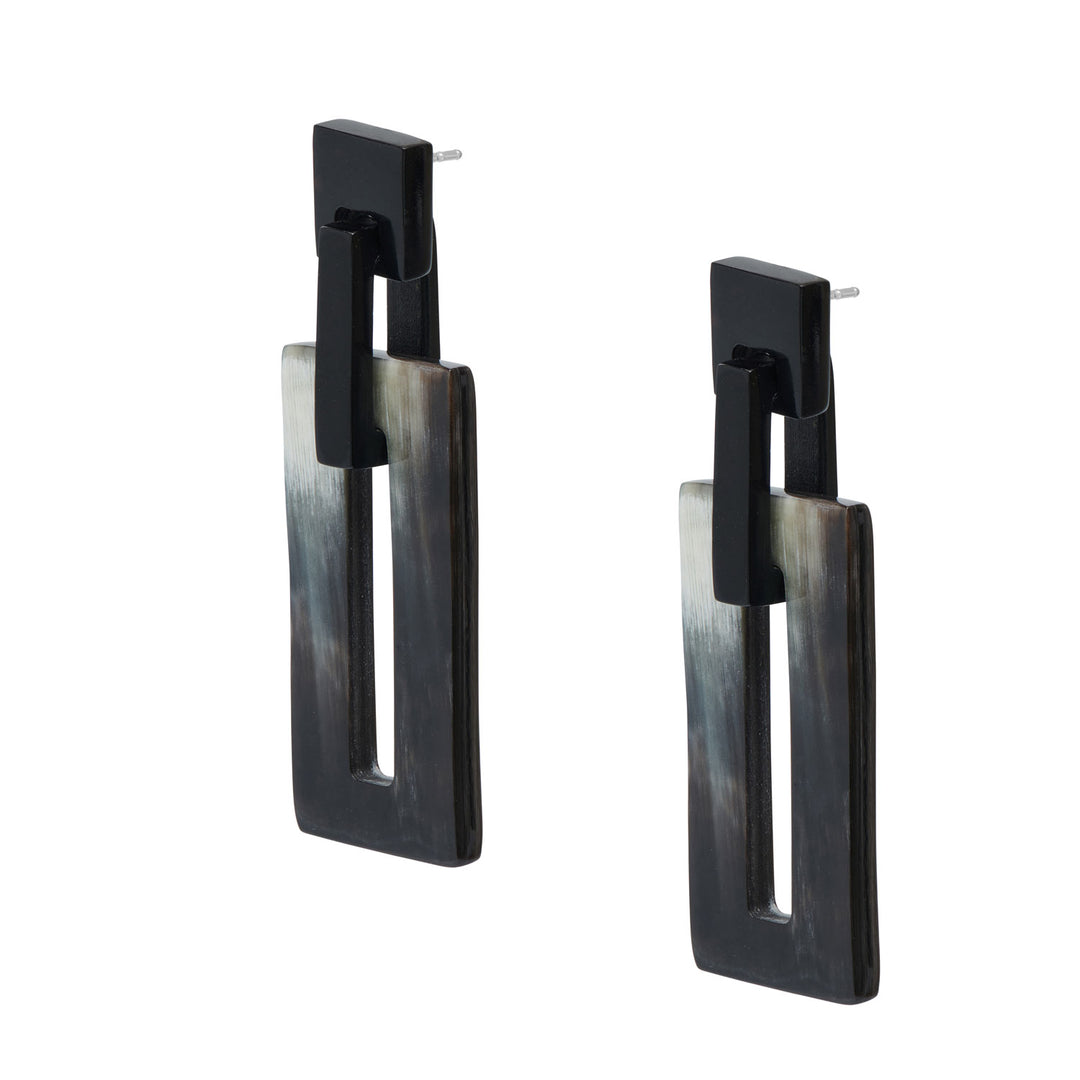 Black natural rectangle link horn earrings