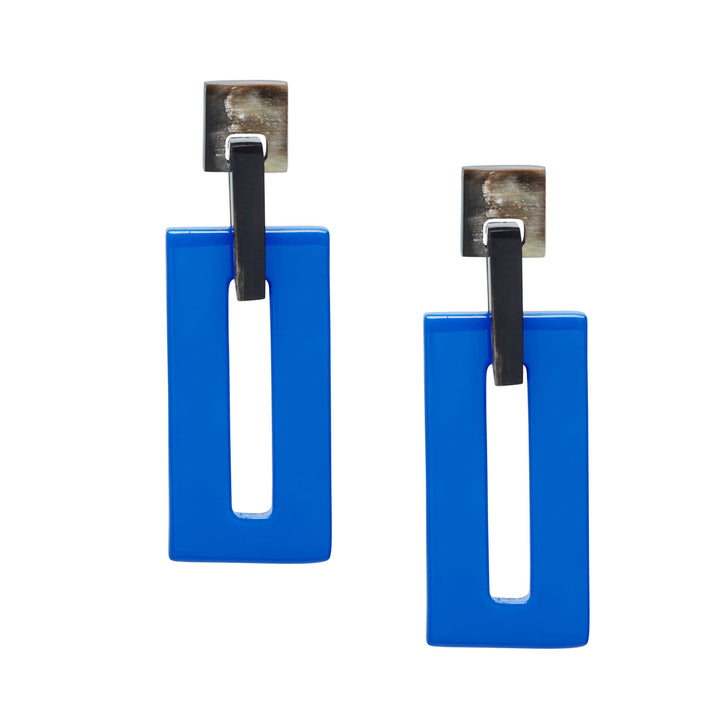 Bright blue rectangle link horn earrings