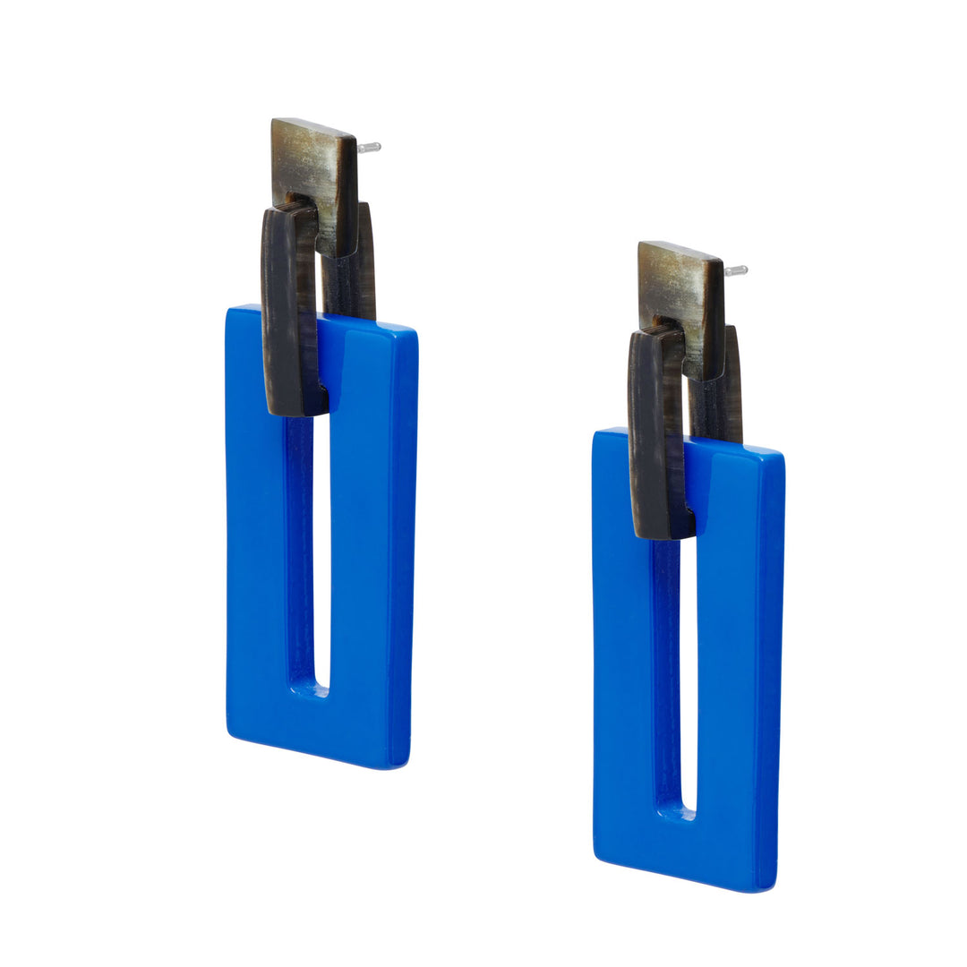 Bright blue rectangle link horn earrings