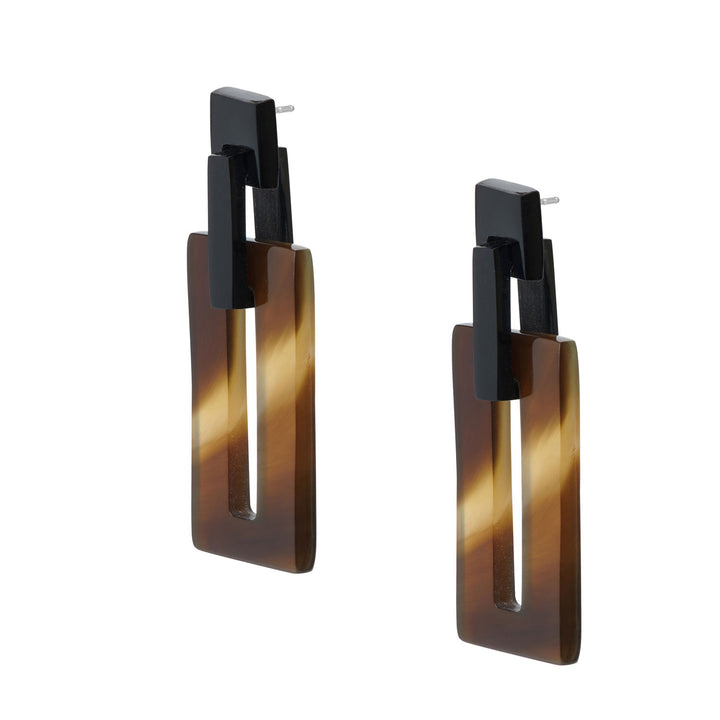 Brown natural rectangle link horn earrings