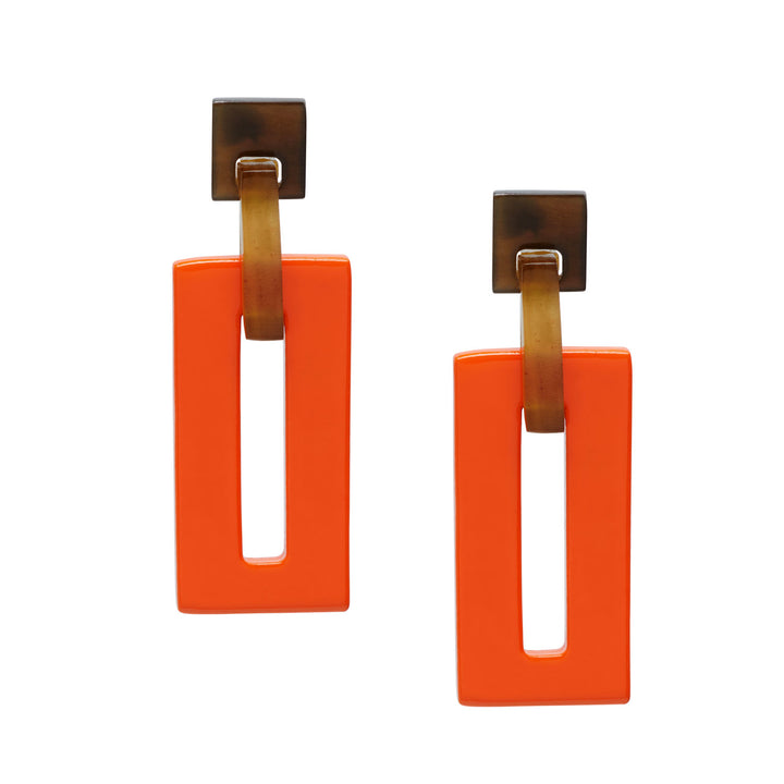 Orange rectangle link horn earrings