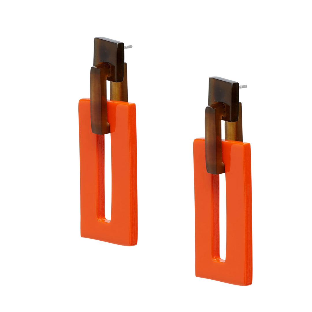 Orange rectangle link horn earrings