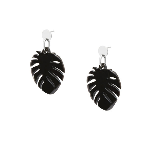 Branch Jewellery - Black horn Monstera palm leaf shaped earrings silver.