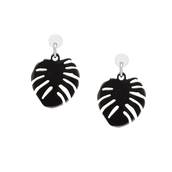 Branch Jewellery - Black horn Monstera palm leaf shaped earrings silver.
